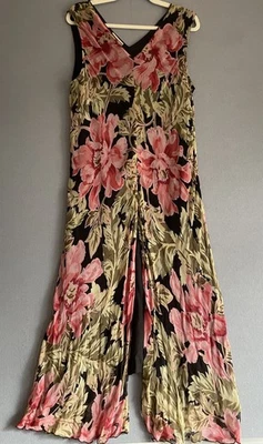 Vestido Vintage April Cornell XL Preto Rosa Escuro Floral Sem Mangas Transparente Midi Y2K - Imagem 1 de 4