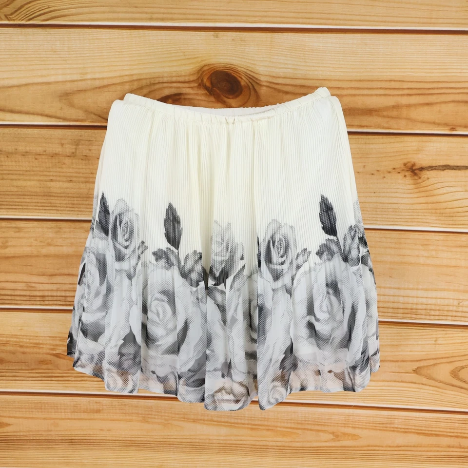 ELLE Accordion Skirt Womens Size S Ivory Floral 100% Poly Elastic Waist Lined - Image 1 of 4