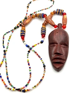 Vintage Afrikanische Maske Anhänger Herren Halskette Holz Stammeshandel Perlen Kultur - Bild 1 von 6