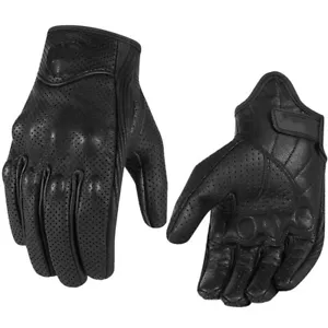 Genuine Leather Motorcycle Gloves Perforated Full Finger Touch Scree M L XL XXL - Picture 1 of 17