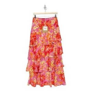 SEVEN WONDERS Yokana Ruffle High Waist Maxi Skirt Pink Tropical Size Medium - Picture 1 of 9