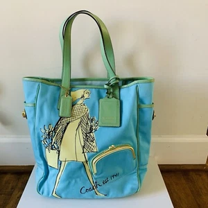 Coach Ltd Ed Bonnie Cashin Graphic Sky Blue LG Canvas Gallery Tote Bag Purse WOW - Picture 1 of 15