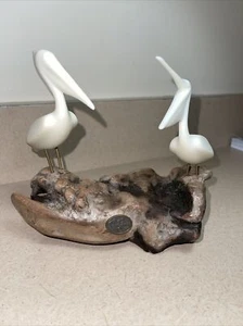 John PERRY Sculpture 2 PELICAN Birds BURL WOOD BASE Statue NAUTICAL Decor - Picture 1 of 9