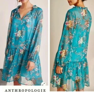 Anthropologie Maeve Emma Teal Floral Long Sleeve Mini Dress XS - Picture 1 of 10