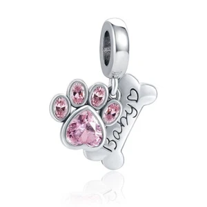 Neu S925 Sterlingsilber niedliche Hundepfote Haustier Knochen Baby rosa Stein Armband Charm - Bild 1 von 1