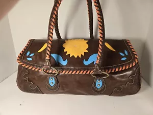 BCBG Soft Leather Brown Yellow Turquoise Hand Bag With Orange Trim - Picture 1 of 16