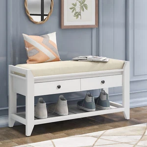 Entryway Hallway Upholstered Shoe Bench Wooden Shoe Rack with 2 Drawers - Picture 1 of 18