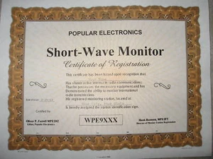 Customized Reproduction of WPE Certificate Popular Electronics w/YOUR WPE Call - Zdjęcie 1 z 1