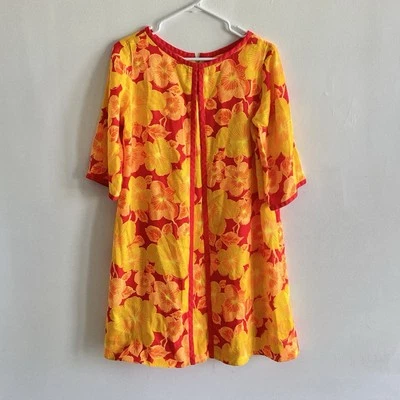 Винтажный 1960-х рай Гавайи желтый красный цветочный Midi Shift гавайский платье XS - Изображение 1 из 4