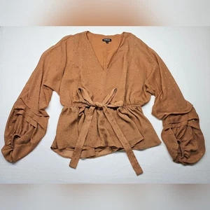 Express Women's Brown Gold Dot Tie Front Blouse Bishop Sleeve Large - Picture 1 of 7
