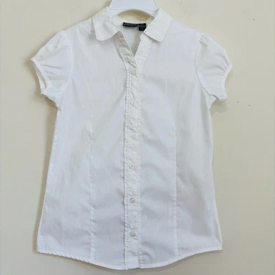 Nautica School Uniform Big Girls Sz 8/10 puff short sleeve button up white shirt - Image 1 of 4