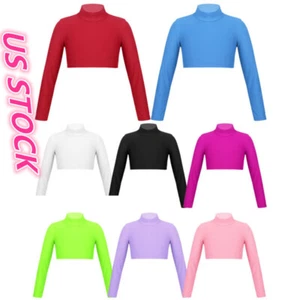 Kids Girls Crop Top Long Sleeve Sportswear Athletic Stretch T-Shirt Gymnastic - Picture 1 of 105