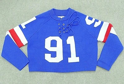 Suéter corto Forever 21 para mujer pequeño azul blanco tejido # 91 Giants Buffalo Bills Foto 1 de 4