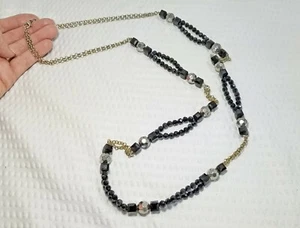 Black Onyx Glass Bead and Gold Tone Chain Link Station Necklace - Picture 1 of 5