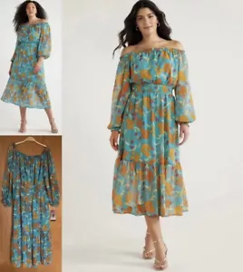 SOFIA VERGARA Off Shoulder Chiffon Peasant Midi Dress 1X Blue Tropical Floral - Picture 1 of 10
