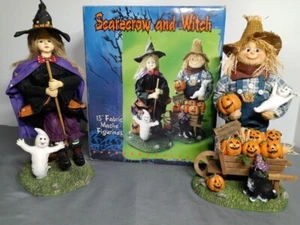 Scarecrow and Witch 13" Halloween Fabric Mache Figurines Fall Home Decor w/Box - Picture 1 of 11