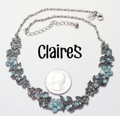 Elegante Collar Flor Tono Plateado Antiguo Estrás Azul Claire's Firmado 18" Foto 1 de 4