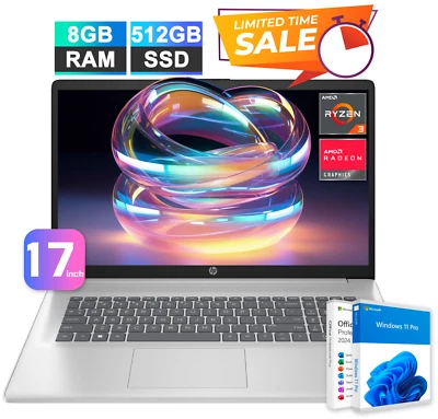 HP 17 Laptop Office 2024 Computer 17.3 4-Core Ryzen 3 8GB RAM 512GB SSD Win Pro - Image 1 of 4