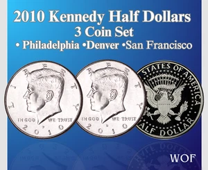 Juego de 3 monedas de medio dólar Kennedy 2010 P D S BU y prueba calidad camafeo superior - Imagen 1 de 3