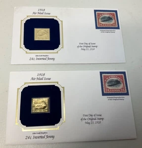 Lot Of 2 U.S. Replica 22K Gold 1918 Inverted Jenny Stamp Unused Mint - Picture 1 of 5