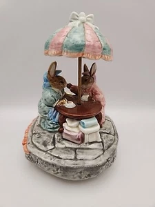 You Got A Friend Bunnies having Tea Otagiri Music Box Hand Painted Japan - Picture 1 of 6