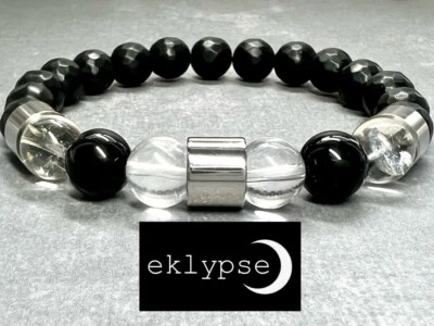 Pulseira masculina com miçangas 8"L aço inoxidável 10mm ônix preto + cristal quartzo pedra preciosa - Imagem 1 de 4