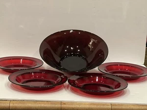 1960s Large Anchor Hocking Ruby Red Salad Bowl With 4 Bowl Plates 11.5x5" - Picture 1 of 13