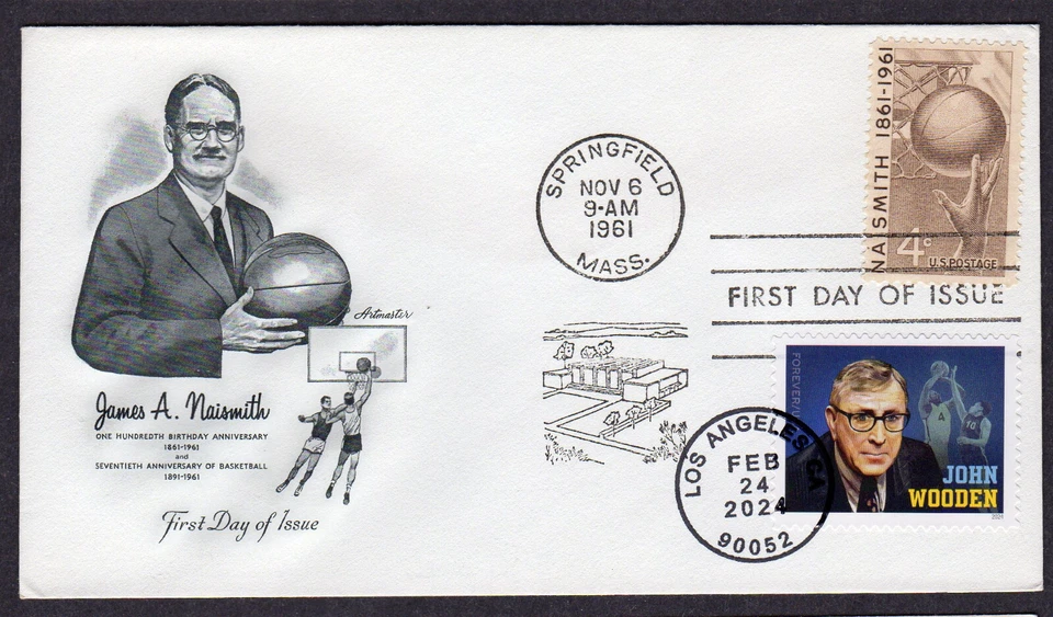 2024/1961 JOHN WOODEN (5833) & Basketball 100th (1189)- Artmaster DUAL FDC NU704 - Image 1 of 1
