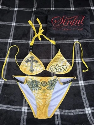 全新 Sinful By Affliction 女式黄色比基尼套装 - L 码 带原装湿袋 — 第 1/4 张图片