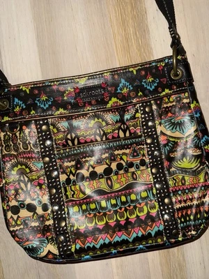 Sakroots Boho Medium Crossbody Bag Purse Elephant Canvas Black Studded Pockets - Image 1 of 4