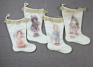 Vtg 1986 Giordano Christmas Stockings Set of 4 Cream Satin Victorian Style Lace - Picture 1 of 10