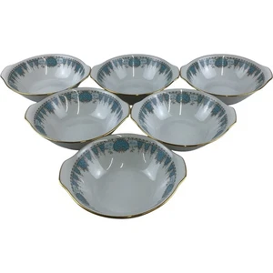 Noritake Bluetide Porcelain Soup Bowls Set of 6 Blue Gold Trim Vintage 1970s - Picture 1 of 6