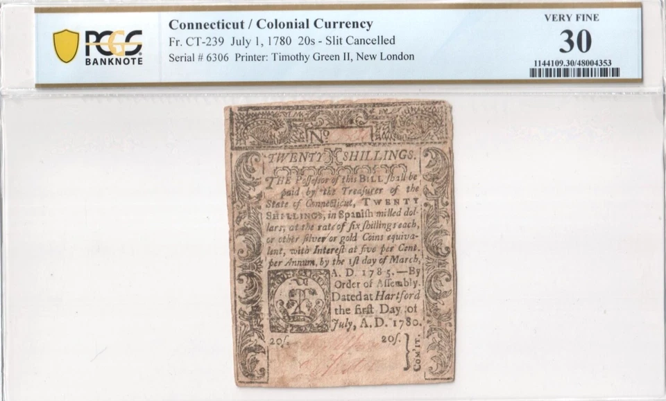 Connecticut Colonial Currency 20 Shillings FR# CT-239 July 1, 1780 PCGS VF 30 - Image 1 of 4