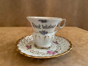 Best Wishes Vintage Gold Tea cup & Saucer set floral coffee china wedding gift