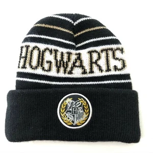 Harry Potter Hogwarts Crest Black Gold White Glitter Yarn Beanie Hat One Size - Picture 1 of 5