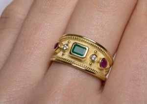 Gold Emerald Ring, Gold Gemstone Ring, Byzantine Ring, Medieval Ring For Mens - Picture 1 of 7