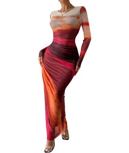 MARZXIN Womens Long Sleeve Maxi Dress Bodycon Ruched Natural Slim Fit Tie Dye... - Picture 1 of 7
