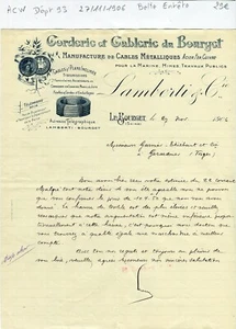 Dépt 93- Le Bourget 3 Rue du C.D.F - Belle Entête Corderie & Câblerie 27/11/1906 - Picture 1 of 1