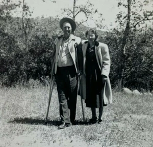 Man On Crutches Standing With Woman B&W Photograph 3.5 x 3.5 - Picture 1 of 3