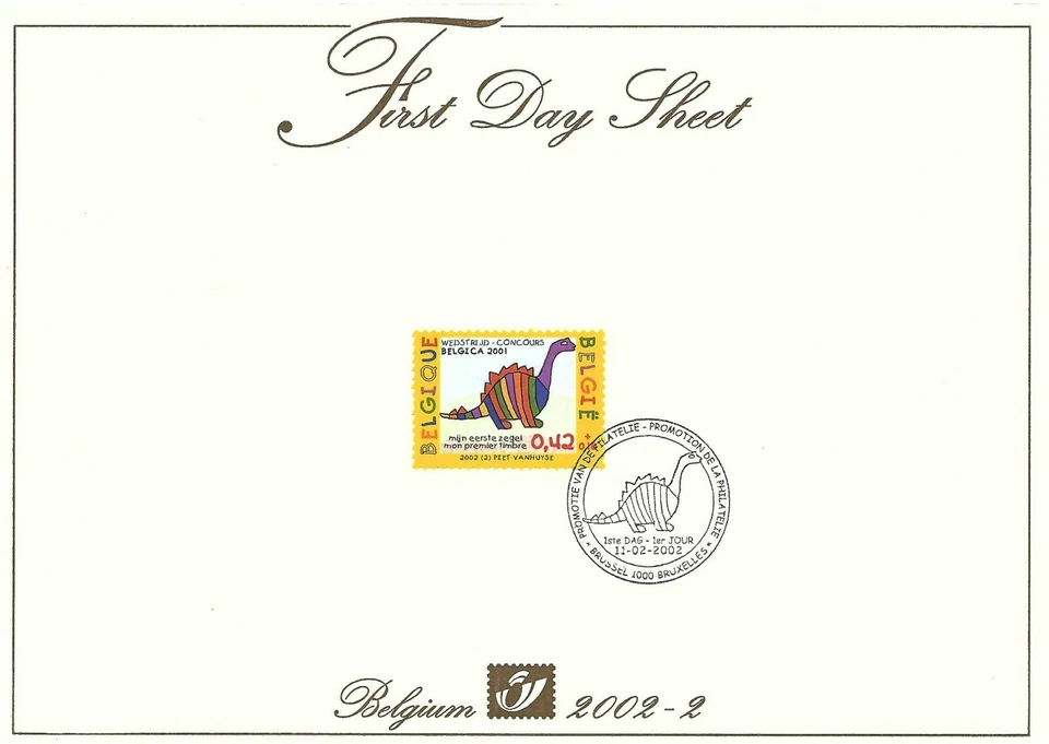 [FDS70] Belgium FDS 2002-2 Child's drawing Dinosaurs First Day Sheet SUPERB - Image 1 of 1
