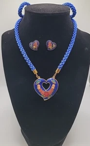Braided Blue Rope Cloisonné Heart Shaped Pendant & Gold Tone Earring Set - Picture 1 of 16