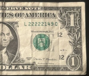 (5 IN A ROW!) $1 5 In A Row 2s Fancy Serial Number L22222149C Series 2017 - Picture 1 of 3
