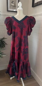 VINTAGE Hilo Hattie Floral Hawaiian Muumuu Dress Women's 4 Blue Lace Trim L 80s - Picture 1 of 12