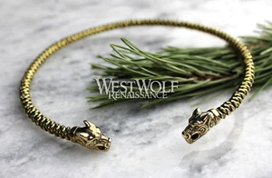Vikingo Fenrir Cabeza de Lobo Cuello Torc - Collar Brazalete Estilo Tejido --- Dorado/Celta - Imagen 1 de 5