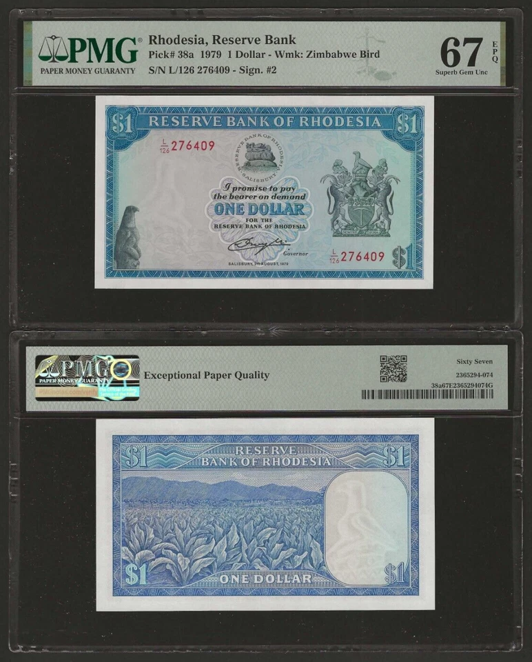 RHODESIA $1 Dollar 1979, P-38a, (2.8.79) Wmk: Bird, PMG 67 EPQ Superb Gem UNC - Image 1 of 1