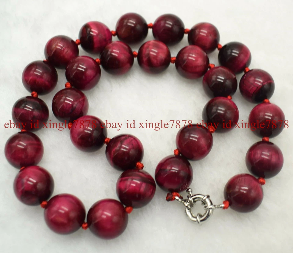 大量 14 毫米天然玫瑰红虎眼宝石圆珠项链 20 英寸 AAA++ — 第 1/4 张图片