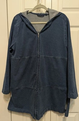 J Jill Indigo Stretch Denim Hooded Jacket Size XL 2-Way Zip w/Pockets - Image 1 of 4