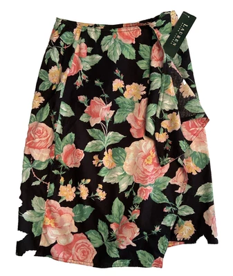 Новый с Ярлыками Ralph Lauren LRL 90-х черный розовый цветочный Midi юбка Sz 4 хлопок трепетать надежном - Изображение 1 из 4