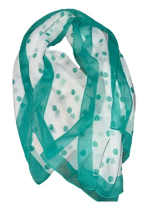 "Bufanda azul verdoso y blanco lunares crepé transparente 70"" x 24"" vintage" Foto 1 de 4