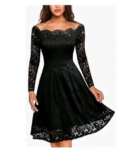 MISSMAY Women's Retro Floral Lace Long Sleeve Boat Neck Swing Dress Extra Small - Picture 1 of 9